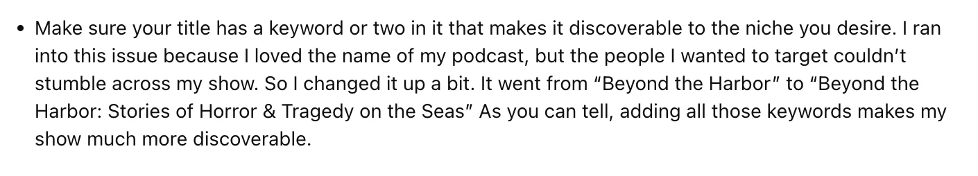 tip from a podcaster on how to optimize titles to include keywords