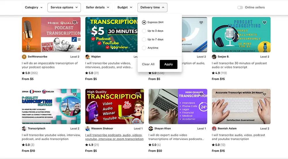 select delivery time for transcription on fiverr menu
