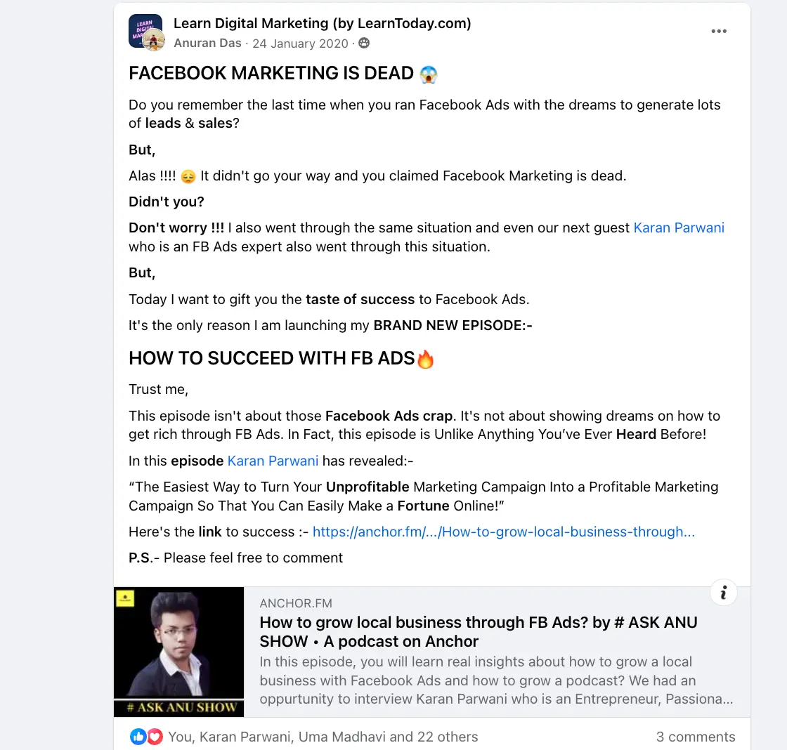 example of podcast post facebook group